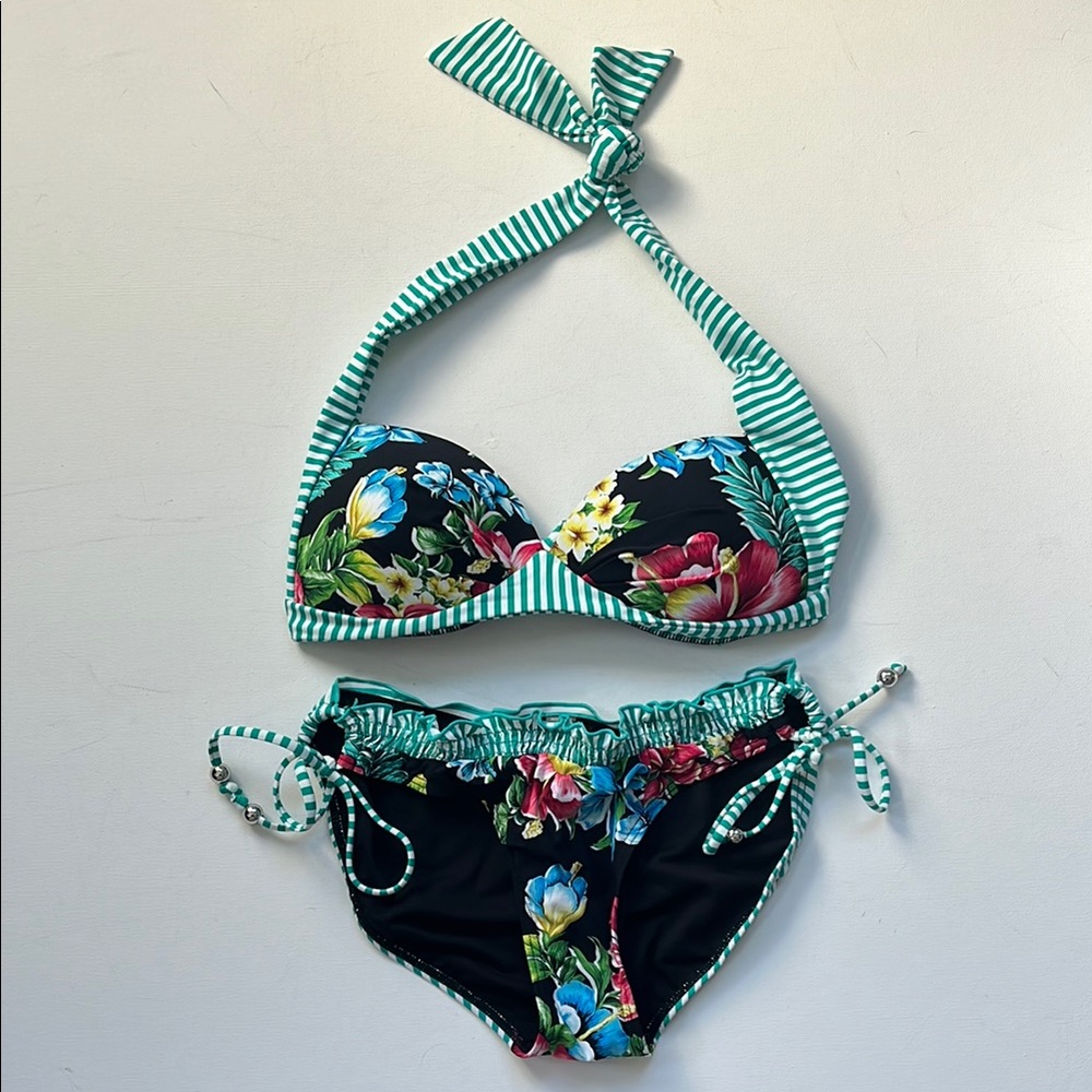 NWOT Floral Bikini with Striped Accents by Azura